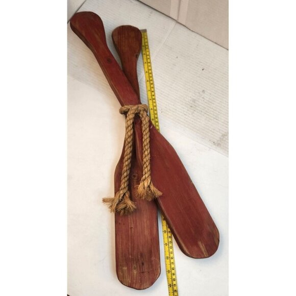 Decorative Rustic Wooden Oar Paddle Set With Rope Accent Red & Natural Wood Fini - Picture 3 of 10